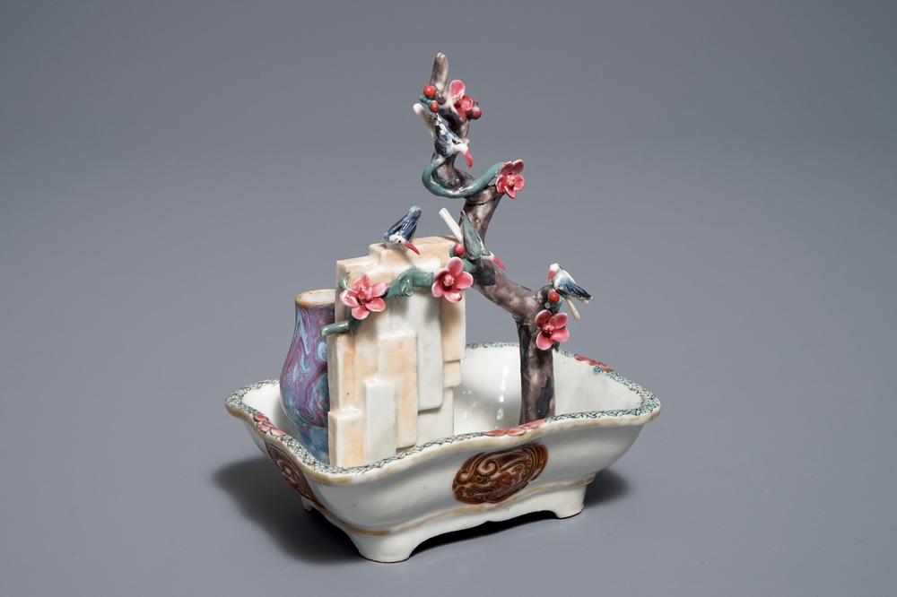A Chinese famille rose basin with birds, prune tree and a vase, Qianlong