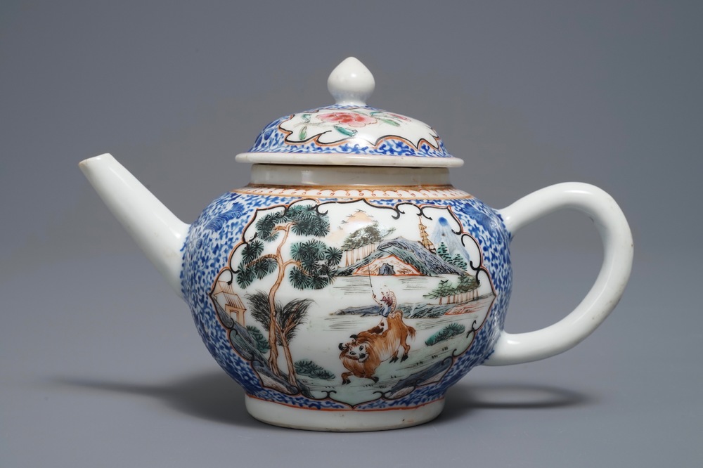 A Chinese famille rose and overglaze blue teapot and cover, Yongzheng