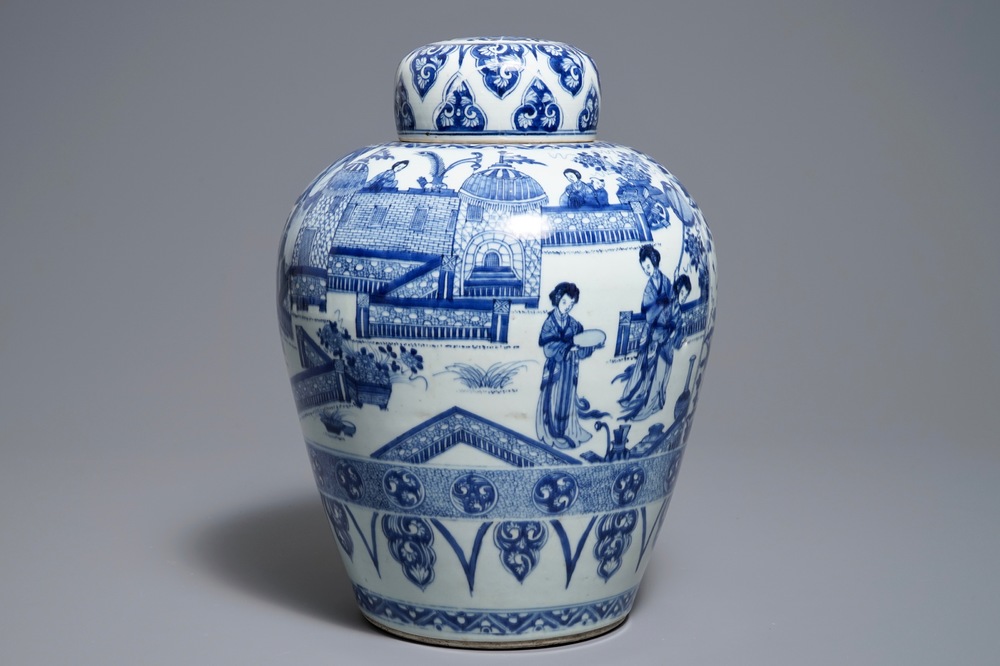 A large Chinese blue and white 'ladies' jar and cover, Kangxi