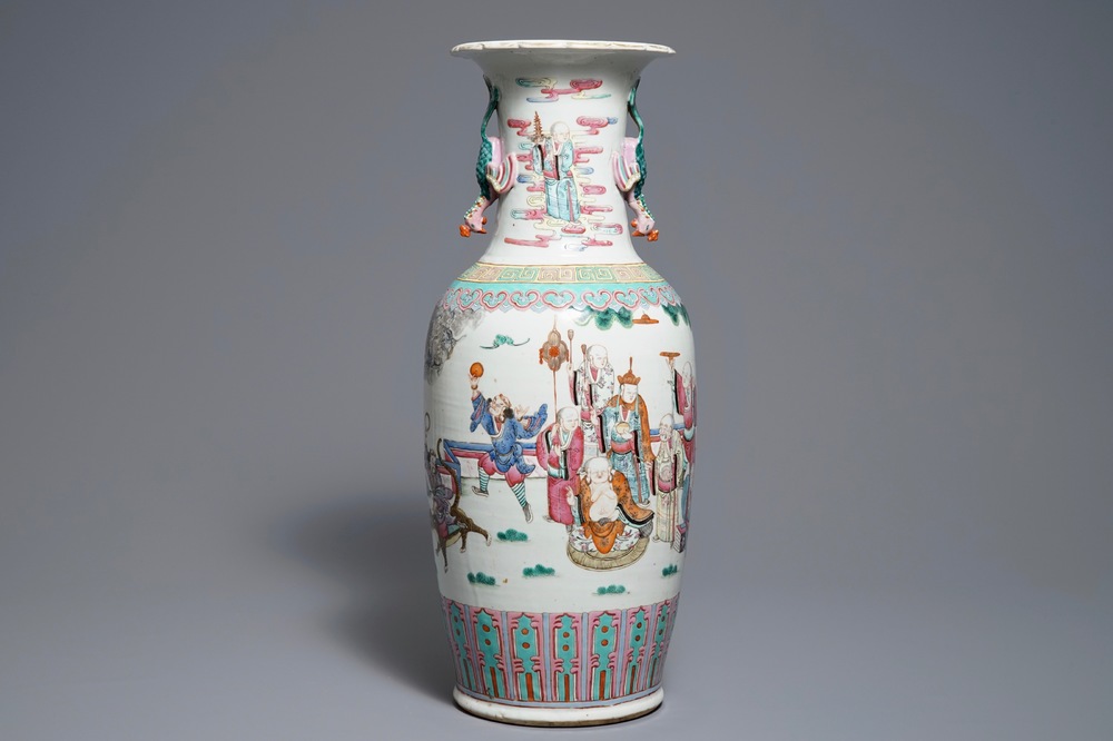 A rare Chinese famille rose phoenix-handle 'Immortals' vase, 19th C.
