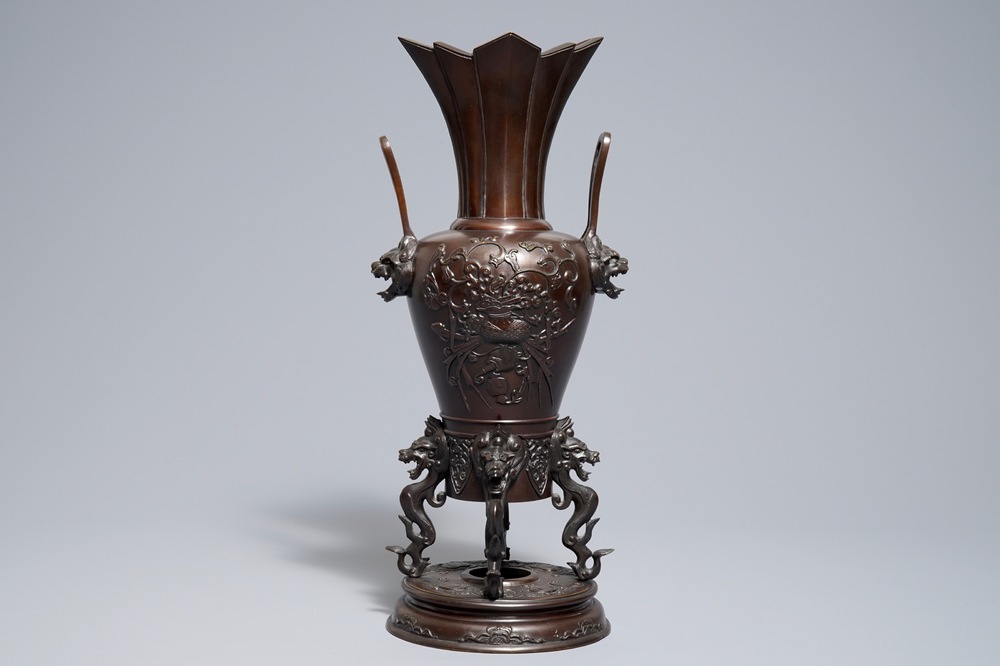 A tall Japanese bronze koro incense burner, Meiji, 19th C.