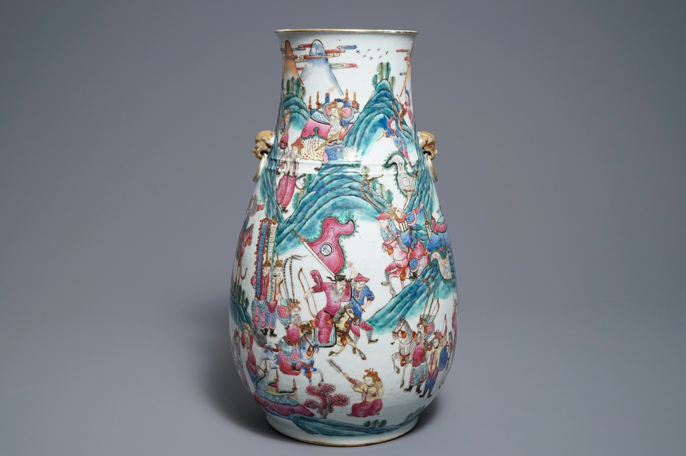 A large Chinese famille rose hu vase with warrior scenes, 19th C.