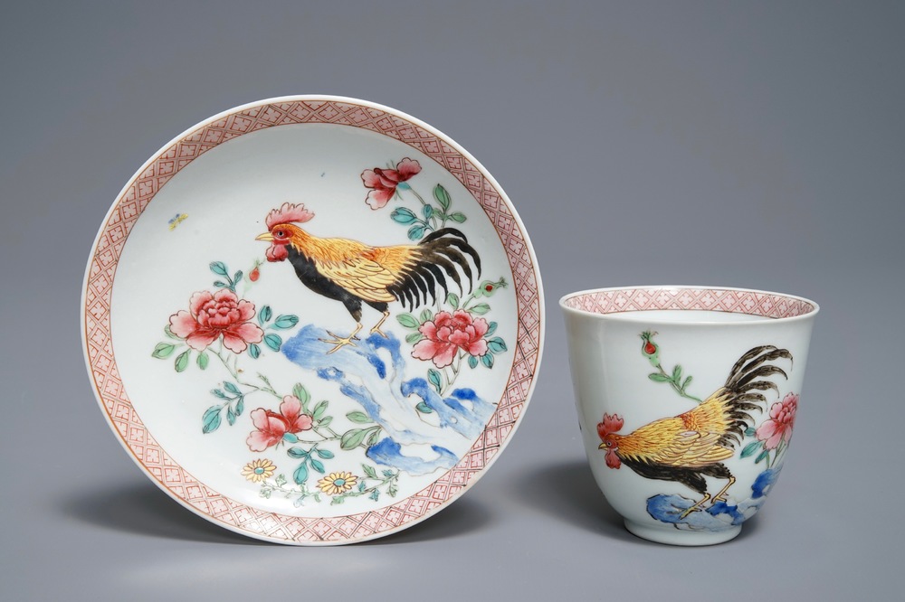 A Chinese famille rose cup and saucer with roosters, Yongzheng