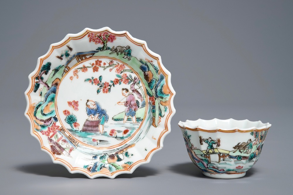 A Chinese famille rose cup and saucer with fishermen, Yongzheng
