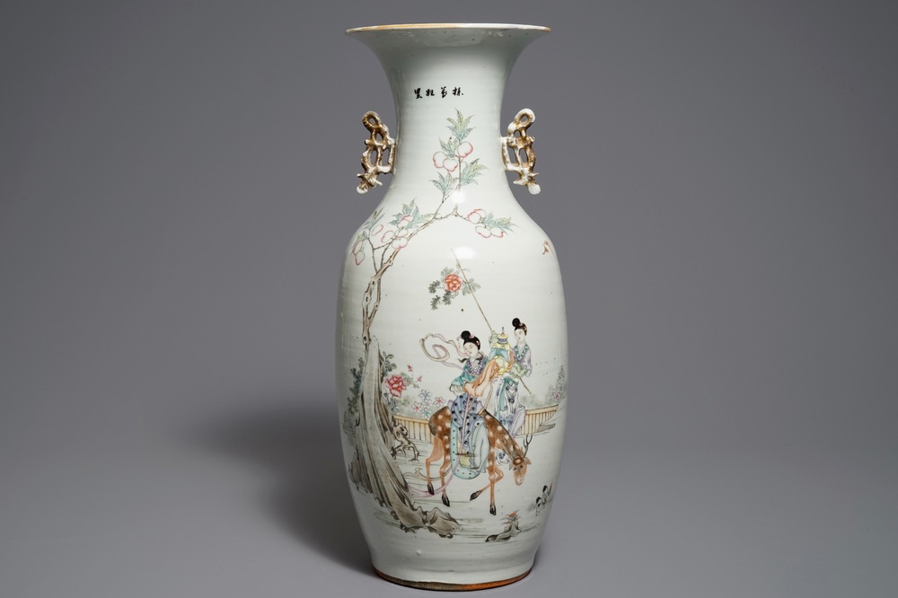A Chinese famille rose vase with the immortal Magu with a deer, 19/20th C.