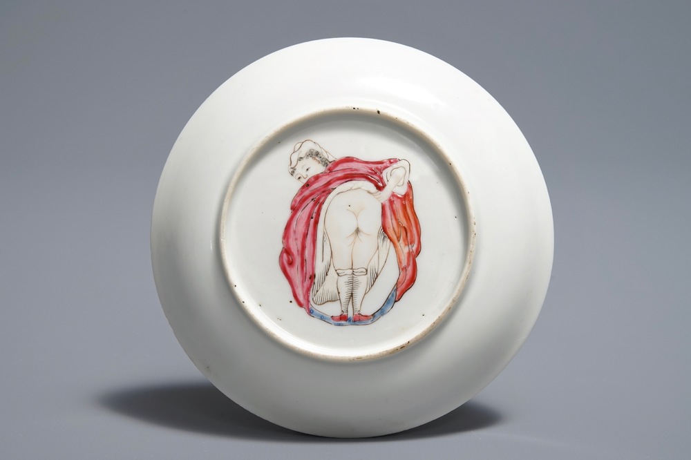 A Chinese famille rose erotical subject cup and saucer, Yongzheng