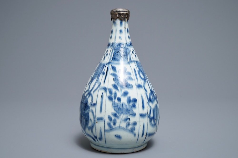 A Chinese blue and white silver-mounted bottle vase, Wanli