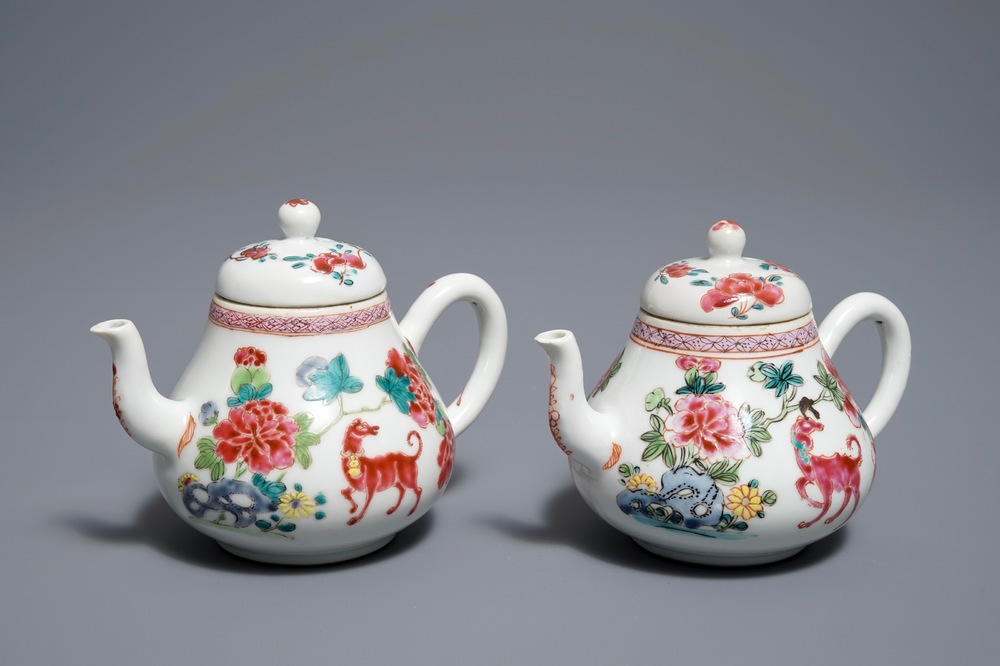 A pair of Chinese famille rose teapots with dogs, Yongzheng