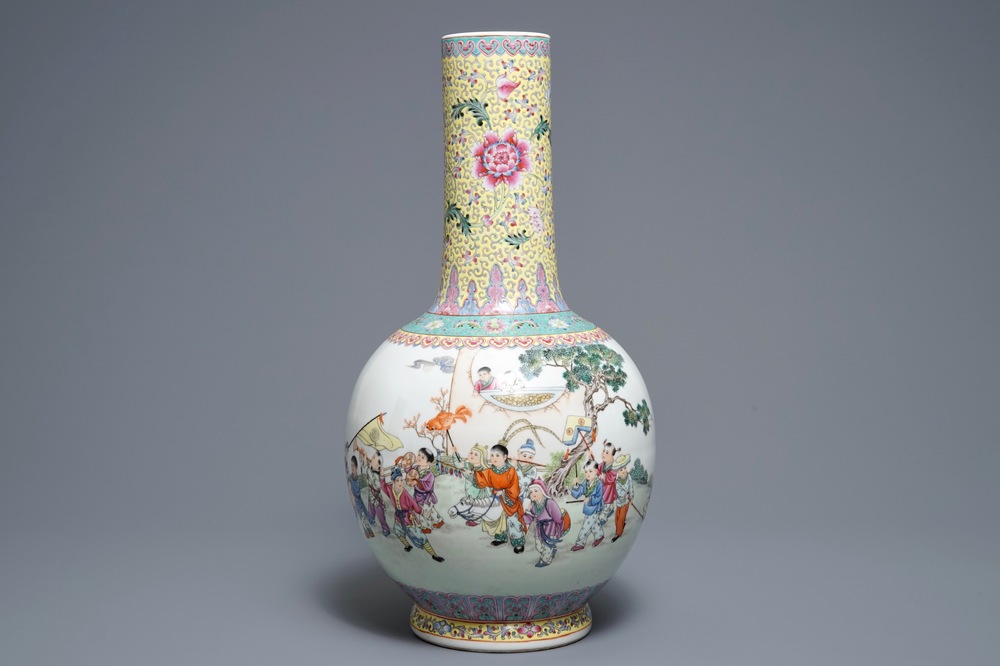 A Chinese famille rose 'playing boys' vase, Qianlong mark, 20th C.