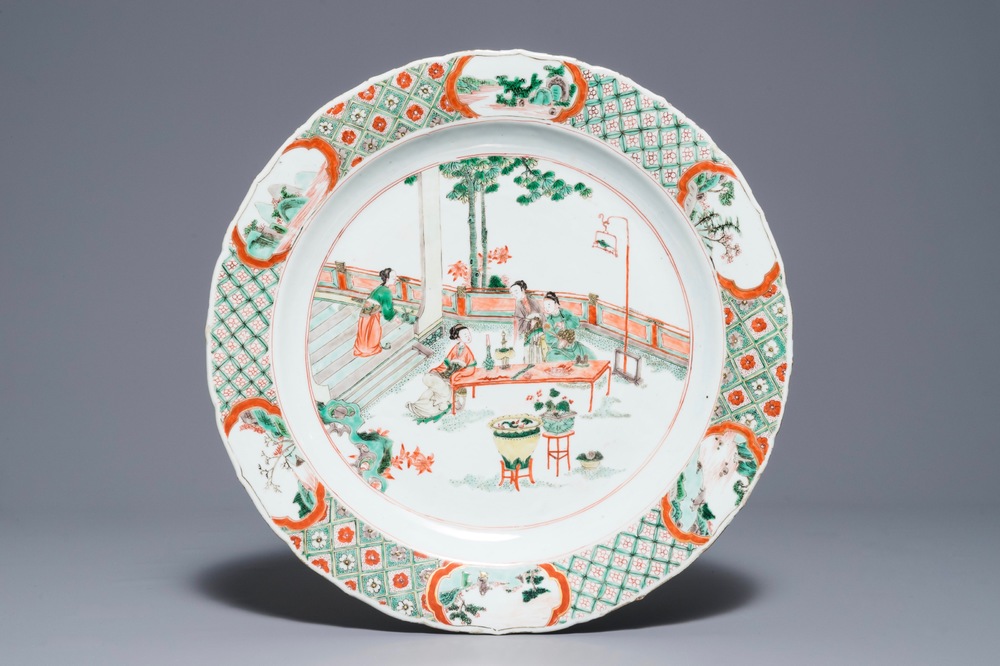 A Chinese famille verte dish with ladies in a garden, Kangxi