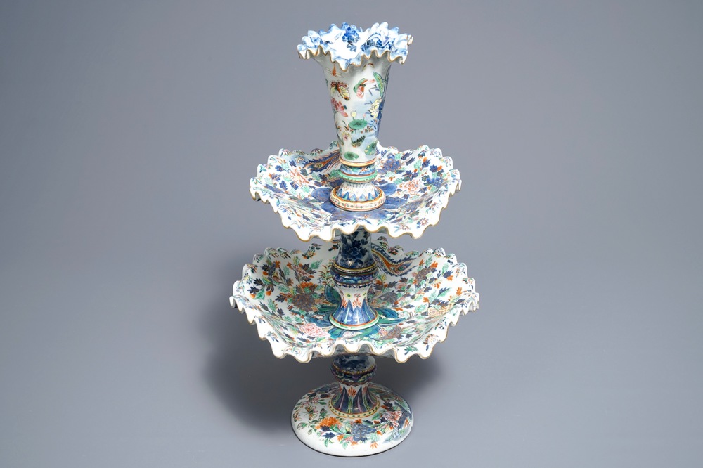 An exceptional three-piece Chinese famille rose epergne milieu-de-table, 19th C.