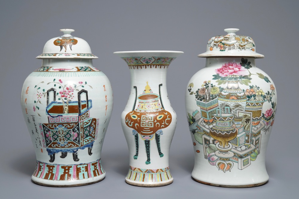 Three Chinese famille rose and qianjiang cai vases, 19/20th C.