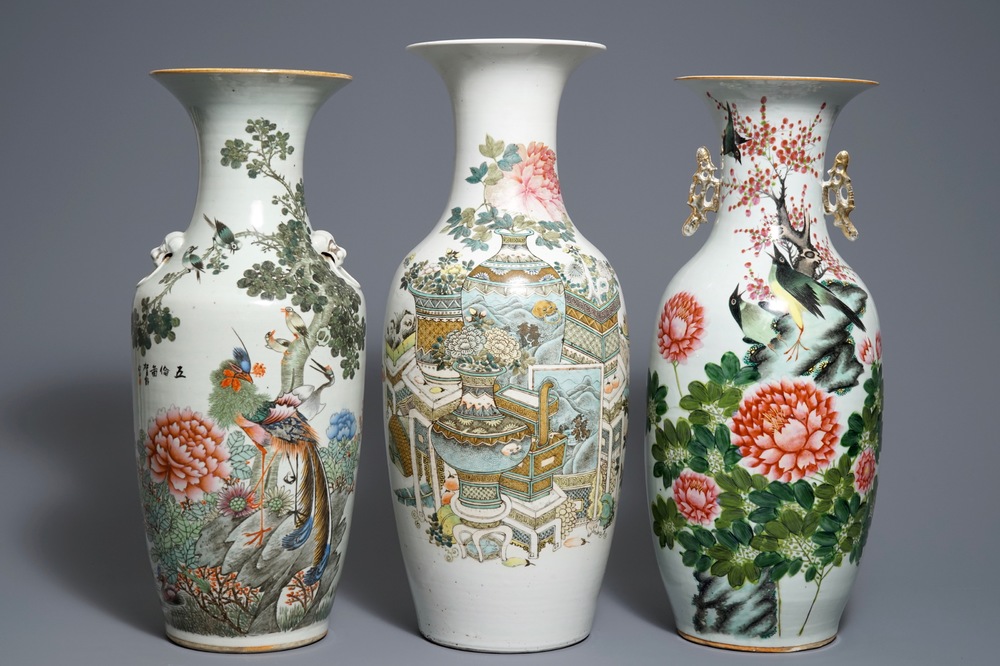 Three Chinese famille rose and qianjiang cai vases, 19/20th C.