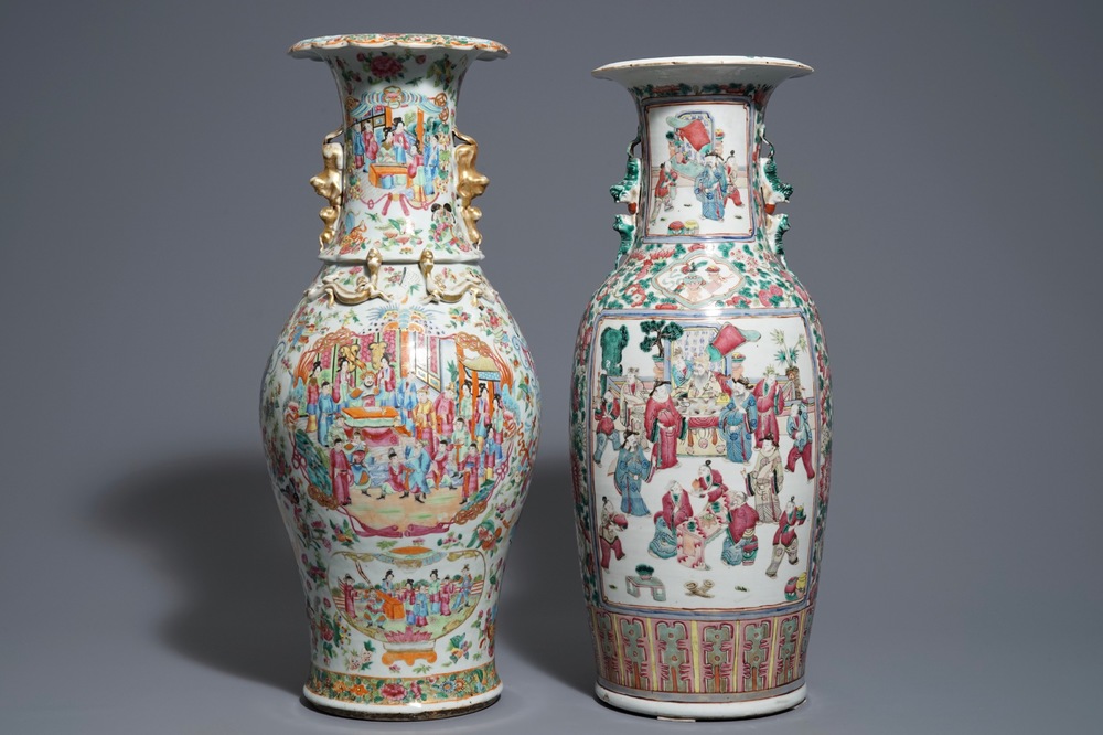 Two Chinese famille rose vases with court scenes, 19th C.