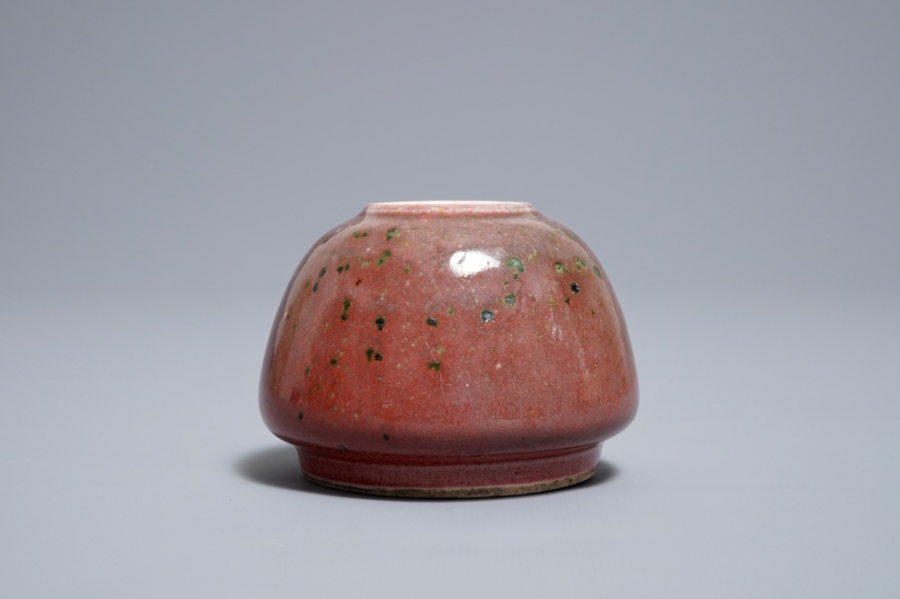 A Chinese peachbloom-glazed brush washer, Kangxi mark, 19th C.
