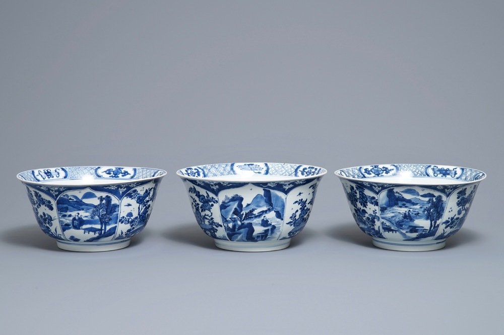 Three large Chinese blue and white bowls, Kangxi