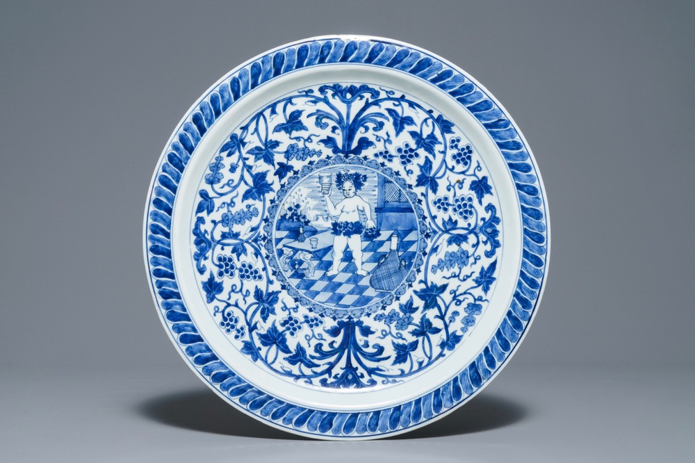 A Chinese blue and white 'Bacchus' dish, Kangxi