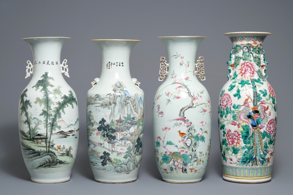 Four Chinese famille rose and qianjiang cai vases, 19/20th C.