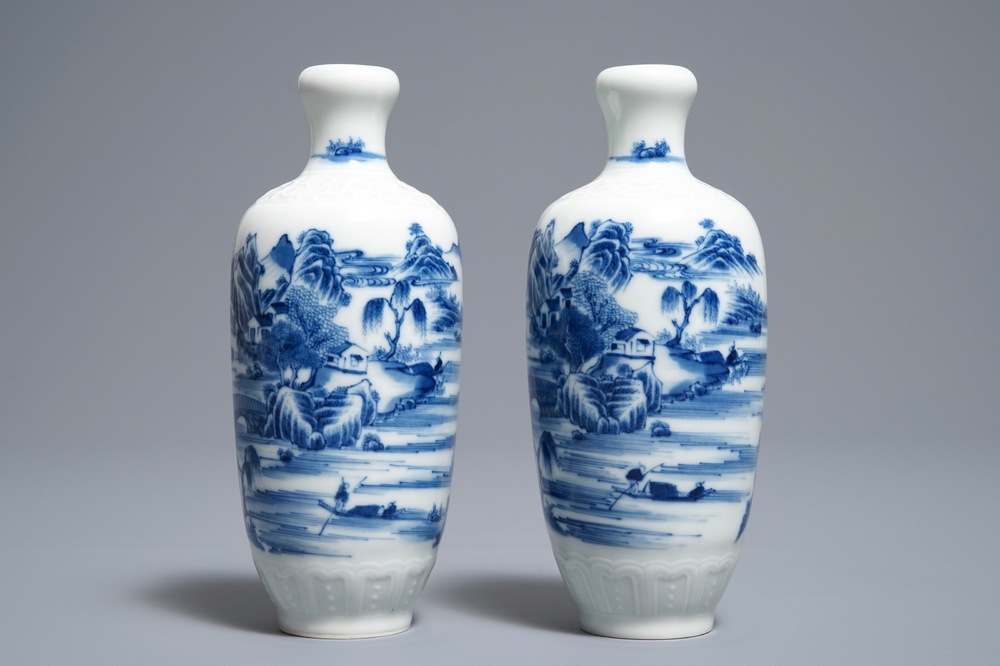 A pair of Chinese blue and white landscape vases, Qianlong mark, Republic, 20th C.