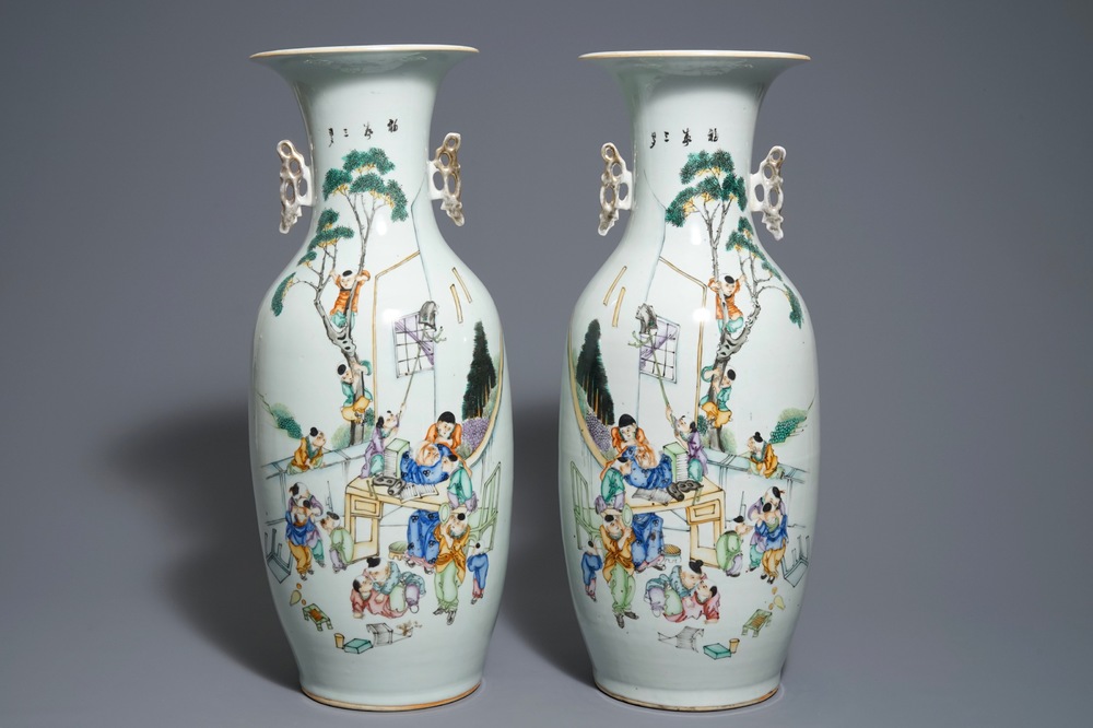 A pair of Chinese famille rose 'playing boys' vases, 19/20th C.