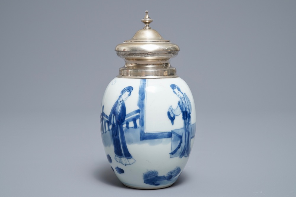 A Chinese blue and white silver-mounted tea caddy, Kangxi