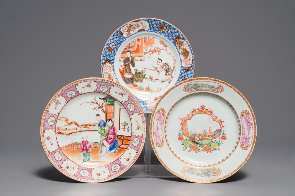 Three fine Chinese famille rose and Imari style plates, Yongzheng/Qianlong