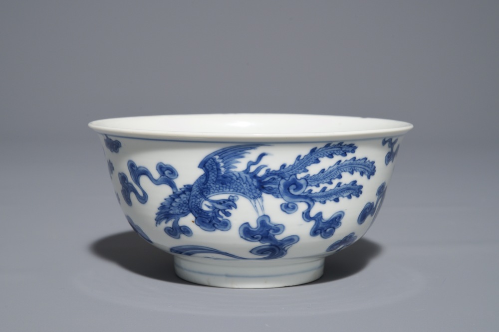 A Chinese blue and white 'phoenix' bowl, Chenghua mark, Kangxi