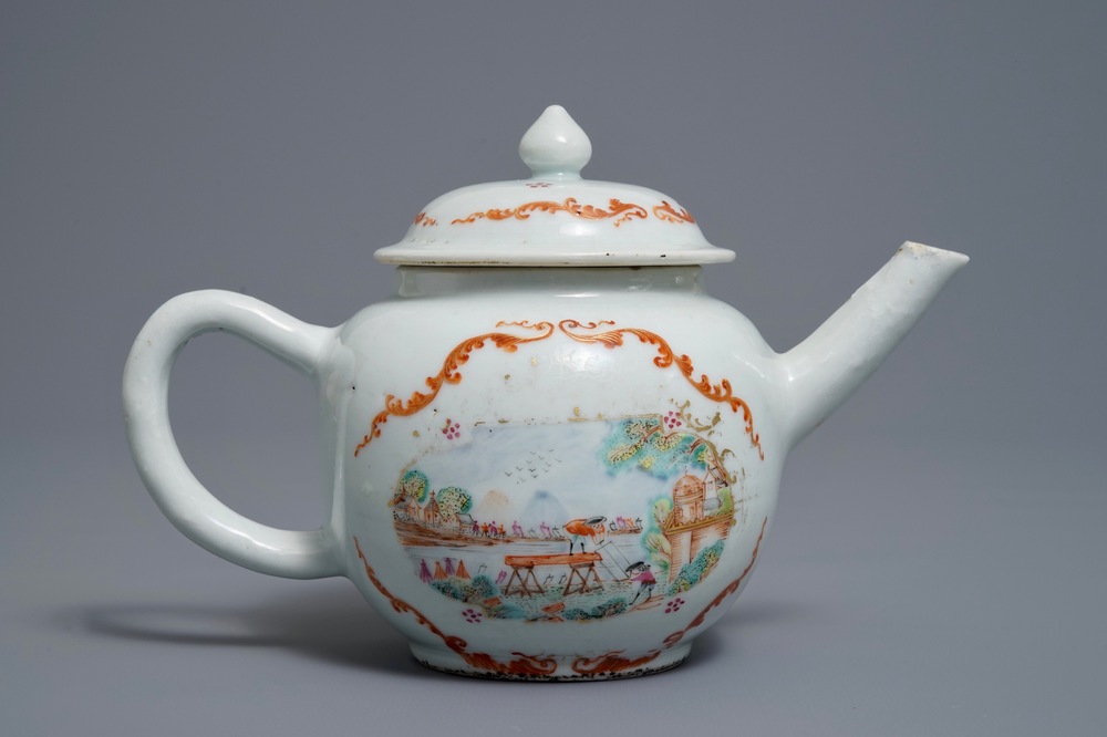 Une th&eacute;i&egrave;re en porcelaine de Chine famille rose &agrave; d&eacute;cor de b&ucirc;cherons, Qianlong