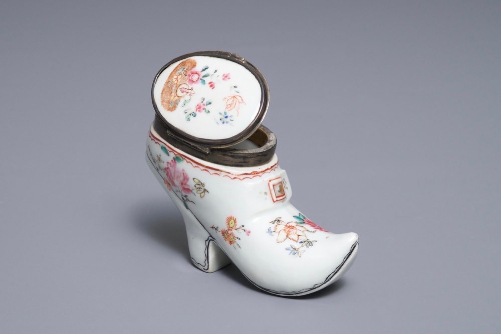 A Chinese silver-mounted famille rose shoe-form snuff box, Qianlong
