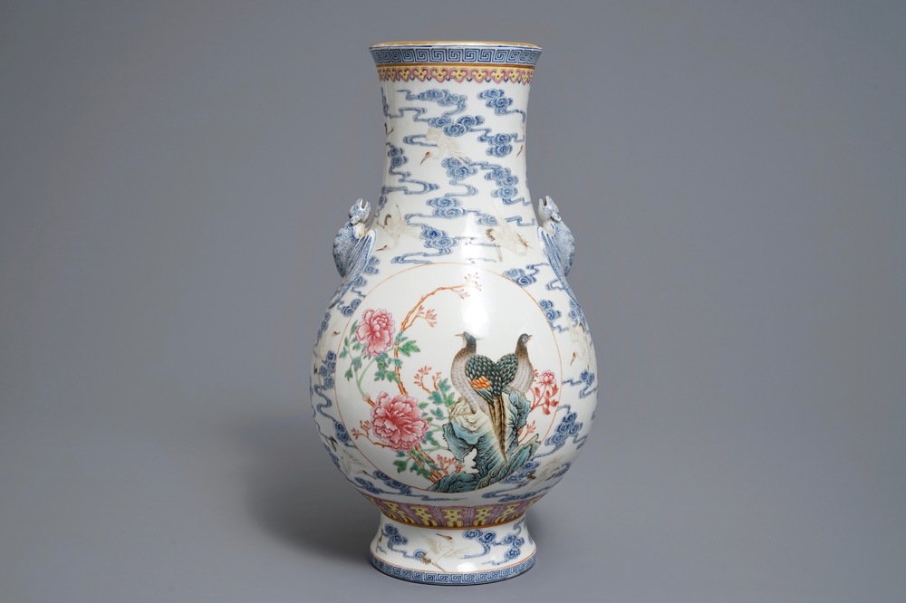 A Chinese famille rose hu vase, Qianlong mark, 20th C.