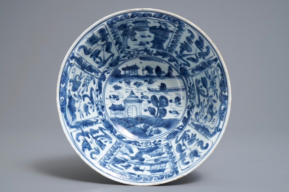 A Chinese blue and white figurative panel bowl, Wanli