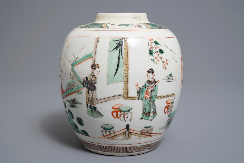 Un pot en porcelaine de Chine famille verte &agrave; d&eacute;cor de 'La Romance de la chambre de l'ouest', Kangxi