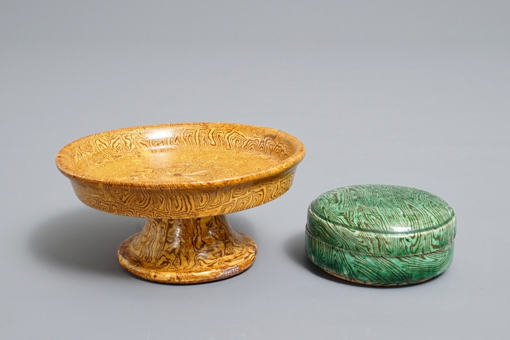 A Chinese marbled ware stem bowl and box with cover, Song or later