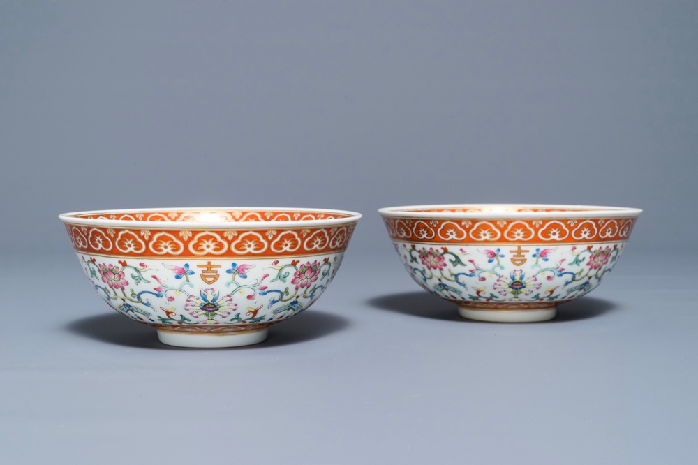 A pair of Chinese famille rose bowls with floral design, Daoguang mark and period