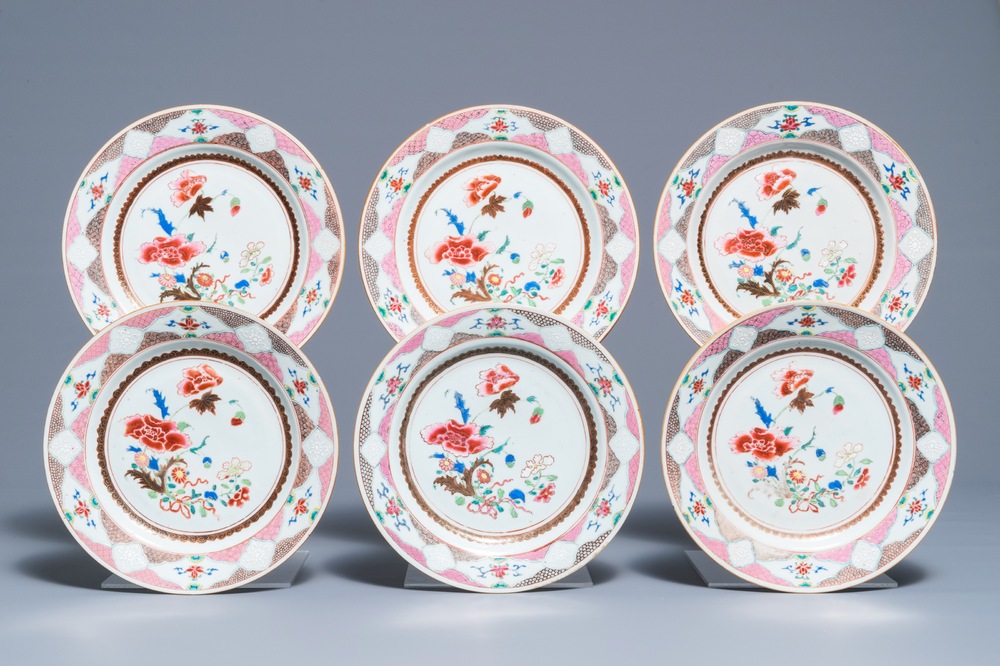 Six Chinese famille rose plates with floral design, Qianlong