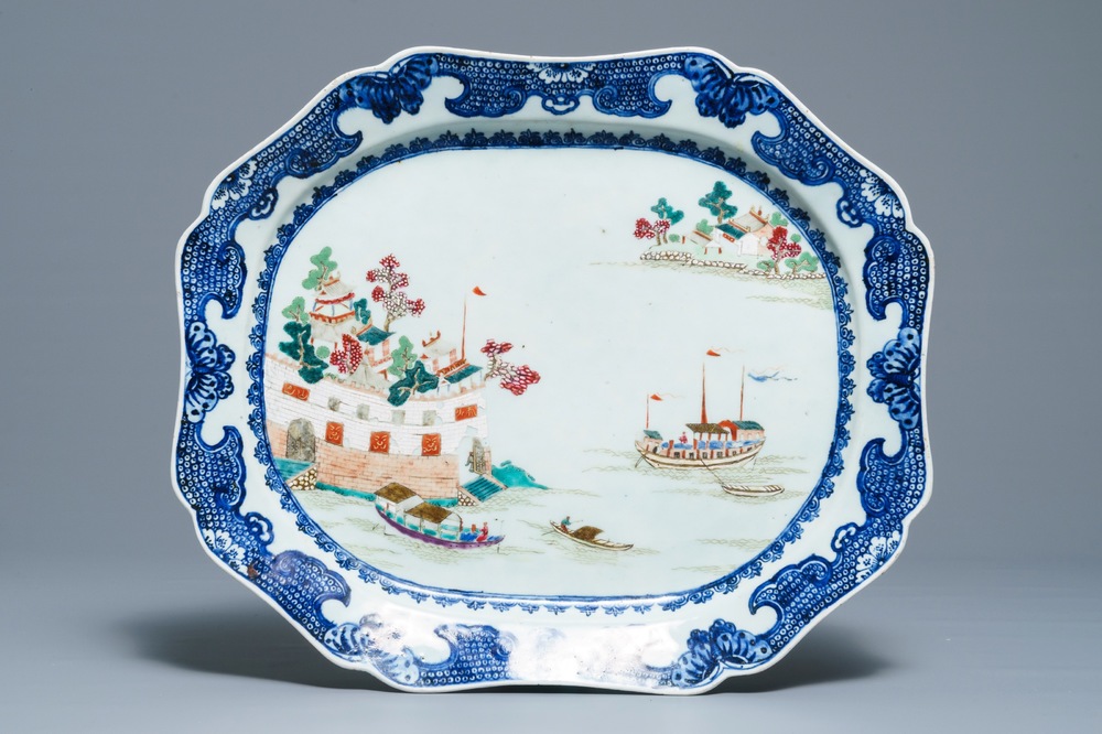A large Chinese famille rose 'Fort Folly' platter, Qianlong