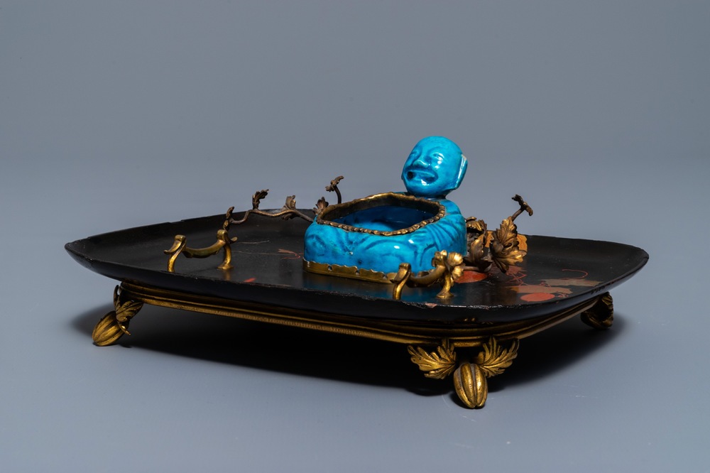 A French lacquer and gilt bronze inkwell with a Chinese turquoise-glazed brush washer, Kangxi and 19th C.