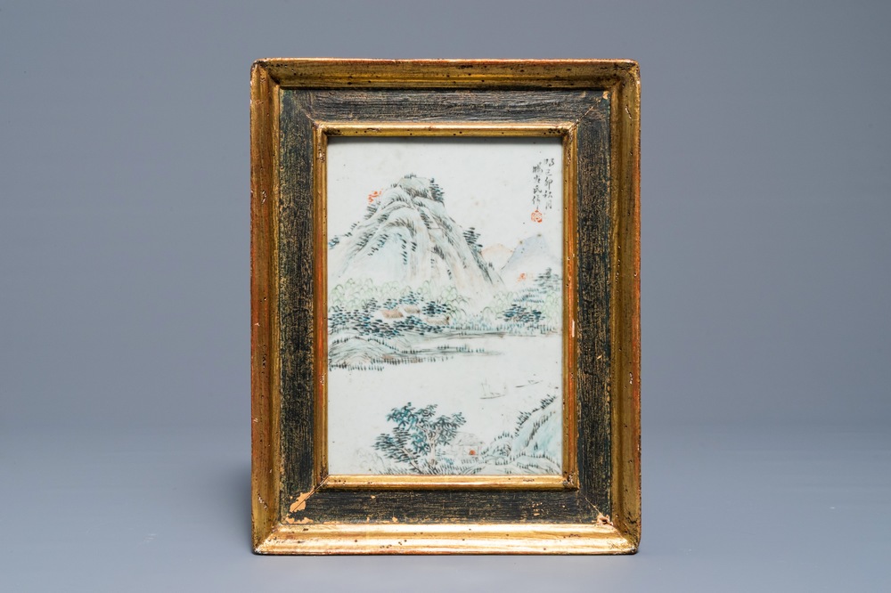 A Chinese qianjiang cai plaque with a mountain landscape, Luo Yang Gu, Guangxu