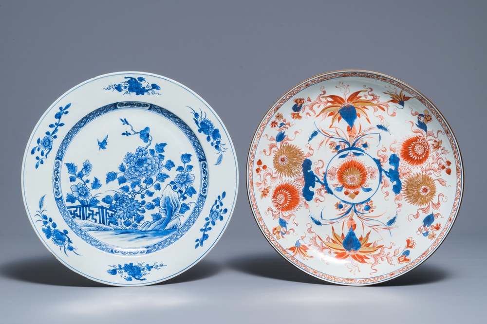 Two Chinese Imari style and blue and white chargers, Kangxi and Qianlong