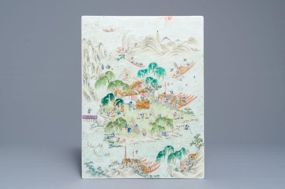 A Chinese famille rose 'fishing scene' plaque, 19th C.