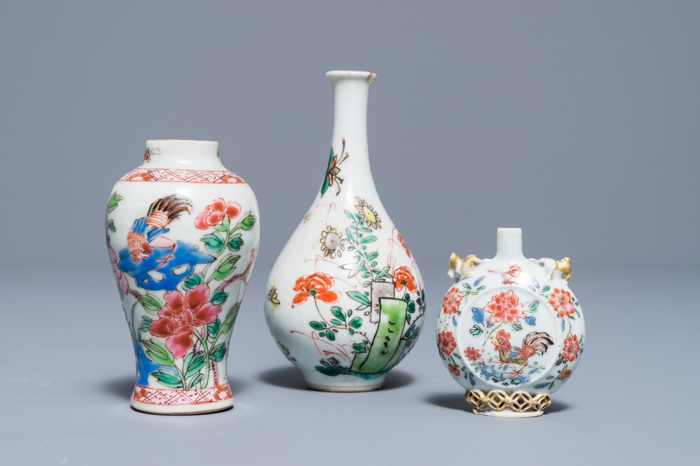Two Chinese famille rose and verte vases and a snuff bottle, Kangxi/Yongzheng
