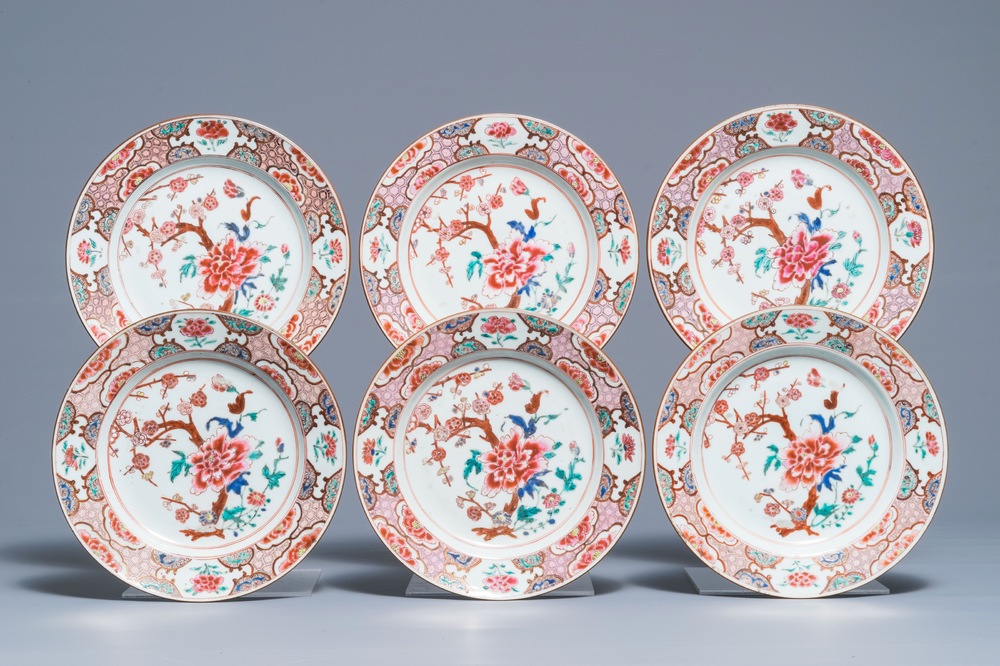 Six Chinese famille rose plates with floral design, Qianlong