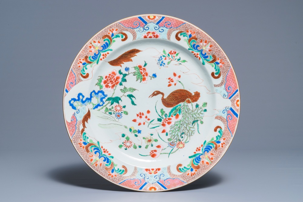 A large Chinese famille rose dish with a goose, Qianlong