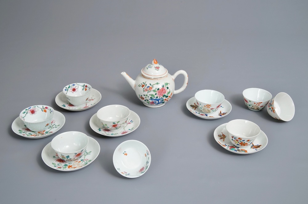 A Chinese famille rose teapot, nine cups and six saucers, Qianlong