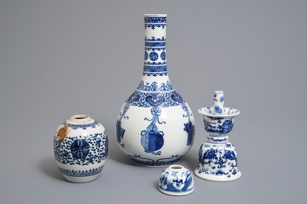 Two Chinese blue and white vases, a candlestick and a brush washer, 19th C.