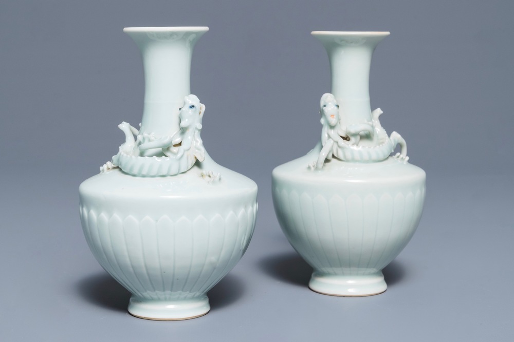 A pair of Chinese ru-style glazed vases with applied qilong, Yongle mark, 19th C.