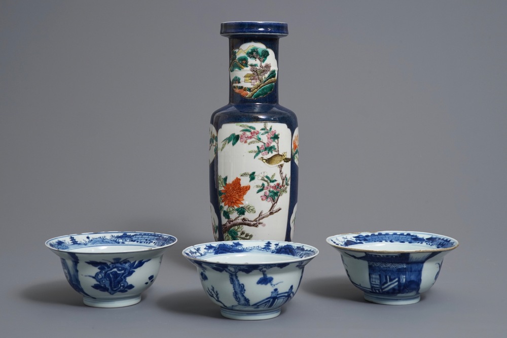 Three Chinese blue and white bowls and a blue ground famille rose vase, Kangxi and 19th C.