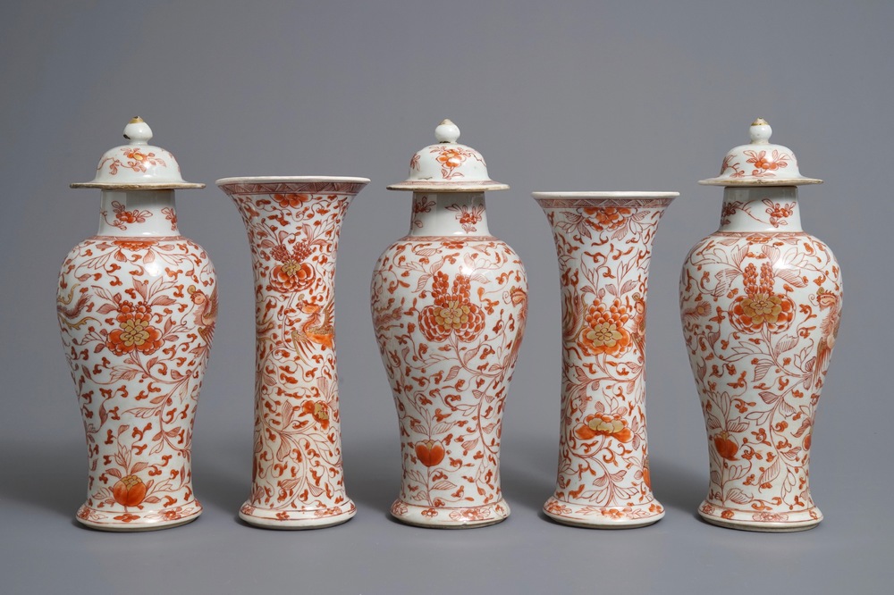 A Chinese 'milk and blood' five-piece garniture with phoenixes, Kangxi