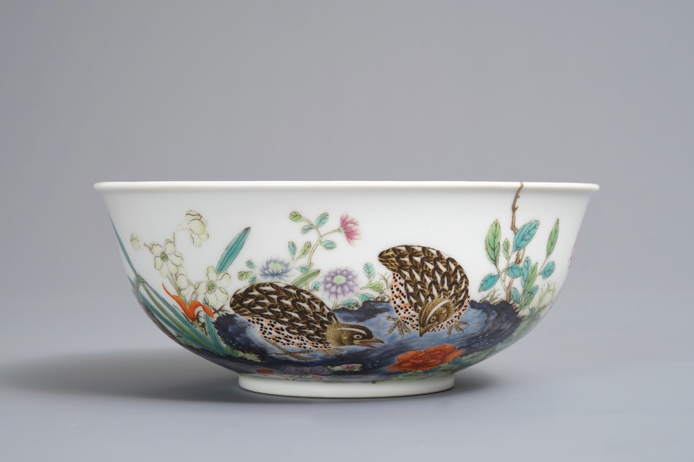 A Chinese famille rose 'quails' bowl, Yongzheng mark, 20th C.