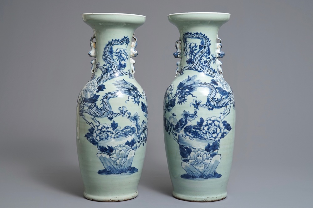 A pair of Chinese blue and white celadon ground vases with dragons and phoenixes, 19th C.